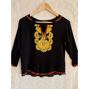 ANTHROPOLOGIE THML Top Black Embroidery Peasant Size XS